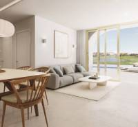 Novostavba, Apartmán Los Alcazáres, 85 m2, 2 spálne bazén  - Svetlý obývací priestor rekreačného apartmánu s jedálenským stolom a výhľadom na terasu.
