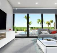 Ekologická novostavba Calasparra, 77-117m2, 2-3spálne - Obývačka v rodinnom dome s pohovkou a výhľadom na terasu s bazénom.