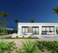 Ekologická novostavba Calasparra, 77-117m2, 2-3spálne - Nočná záhrada rodinného domu v Calasparre s bazénom a palmami.