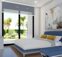 Ekologická novostavba Calasparra, 77-117m2, 2-3spálne - Svetlá spálňa v rodinnom dome s manželskou posteľou, pohľad na záhradu.