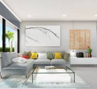 Ekologická novostavba Calasparra, 77-117m2, 2-3spálne - Svetlá obývačka v rodinnom dome s pohovkou, veľkými oknami a moderným nábytkom.