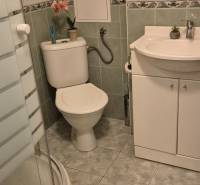 REZERVOVANÉ jednoizbový zrekonštruovaný byt v širšom centre mesta - Kúpeľňa s toaletou v 1-izbovom byte, umývadlom a sprchovým kútom na dlaždiciach.