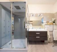 Tri Vody - 4-izbový rodinný dom s bazénom | Most pri Bratislave – Baza - Kúpeľňa v rodinnom dome s podlahou s dreveným dekorom, sprchovým kútom a zrkadlom.