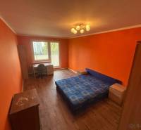 Veľký 2-izb. byt na ul. Vranovská, Petržalka, lodžia, 4.p./7 - Oranžové steny, lôžko, podlaha s dreveným dekorom a stôl v garsónke.