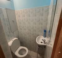 Veľký 2-izb. byt na ul. Vranovská, Petržalka, lodžia, 4.p./7 - Kúpeľňa v garsónke s toaletou, umývadlom a modrými stenami.