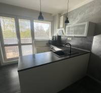 Stavbárska ulica,2-garsónka na prenájom - Kuchyňa v dvojgarsónke so sivými stenami, oknami a kuchynskou linkou.