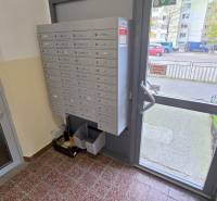 Príjemný 1i byt, zariadený, pivnica, Drobného ul., Dúbravka - Vstup do bytového domu s poštovými schránkami, sklenenými dverami a výhľadom na parkovisko.