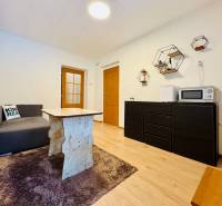 Na predaj rekreačná chata s pozemkom, Domaša, Valkov - Obývačka v chate s pohovkou, stolom a podlahou s dreveným dekorom.