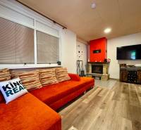 Na predaj rekreačná chata s pozemkom, Domaša, Valkov - Obývacia izba s oranžovou sedačkou, krbom, televízorom a podlahou s dreveným dekorom v chate.