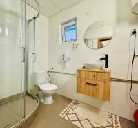 Na predaj rekreačná chata s pozemkom, Domaša, Valkov - Kúpeľňa v chate s moderným sprchovacím kútom a dreveným dekorom na umývadlovej skrinke.