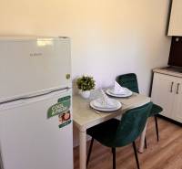 Predaj : 1 izbový byt v meste Čadca časť Žarec  (336-B) - Malá kuchyňa v 1-izbovom byte s chladničkou, stolom a zelenými stoličkami.