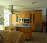 EXKLUZÍVNE, VEĽKÝ RODINNÝ DOM NECPALY - Kuchyňa rodinného domu s drevenou kuchynskou linkou a nerezovými spotrebičmi.