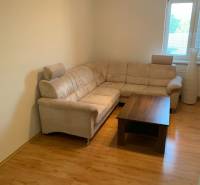 PRIESTRANNÝ 2-IZB BYT V UZAVRETOM AREÁLI, MIEROVÁ KOLÓNIA, NOVÉ MESTO - Obývacia izba v 2-izbovom byte s rohovou sedačkou a podlahou s dreveným dekorom.