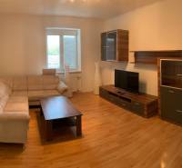 PRIESTRANNÝ 2-IZB BYT V UZAVRETOM AREÁLI, MIEROVÁ KOLÓNIA, NOVÉ MESTO - Obývacia izba s béžovou sedačkou, TV a dreveným dekorom v 2-izbovom byte.