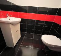 Rodinný dom v obci Dubová s 920m2 rozsiahlym pozemkom  - Kúpeľňa v rodinnom dome so sanitou, čierno-červenými kachličkami a umývadlom.
