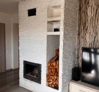 Rodinný dom v obci Dubová s 920m2 rozsiahlym pozemkom  - Interiér rodinného domu s krbom, TV a drevom, podlaha s dreveným dekorom.