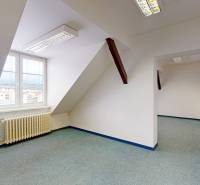 3D, kancelárske priestory od 16 m2, Grösslingova ul., Staré Mesto - Podkrovné kancelárie s bielymi stenami, radiátorom a zeleným kobercom.