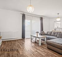 NA PREDAJ 2-IZBOVÝ BYT S 2 BALKÓNMI, DUNAJSKÁ STREDA - Obývacia izba v 2-izbovom byte s podlahou s dreveným dekorom a sivou sedačkou.