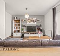 NA PREDAJ 2-IZBOVÝ BYT S 2 BALKÓNMI, DUNAJSKÁ STREDA - Obývačka v 2-izbovom byte s podlahou s dreveným dekorom a veľkou sedačkou.