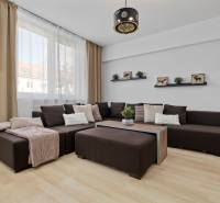 PREDAJ-2 IZBOVÝ BYT-KOMPLETNÁ REKONŠTRUKCIA - RUŽINOV - Obývačka v 2-izbovom byte s tmavou sedačkou, zásuvkami a podlahou s dreveným dekorom.