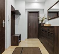PREDAJ-2 IZBOVÝ BYT-KOMPLETNÁ REKONŠTRUKCIA - RUŽINOV - Vstupná chodba v 2-izbovom byte, s tmavým nábytkom a podlahou s dreveným dekorom.