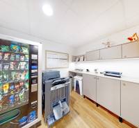 3D, prenájom, unikátne kancel. priestory Zuckermandel, Staré Mesto - Kancelárie s automatom na občerstvenie, tlačiarňou a skriňami, podlaha s dreveným dekorom.