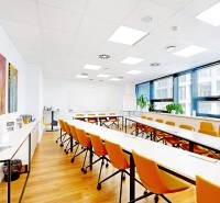 3D, prenájom, unikátne kancel. priestory Zuckermandel, Staré Mesto - Kancelária s bielymi stolmi, oranžovými stoličkami a podlahou s dreveným dekorom.
