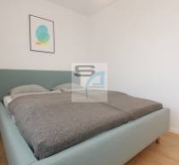 2-izbový byt s terasou 15 m² a parkovaním v tichej časti Bratislavy - Spálňa s posteľou a minimalistickou dekoráciou v 2-izbovom byte, podlaha s dreveným dekorom.