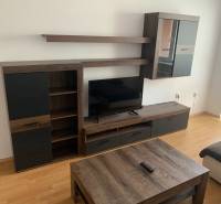 PRIESTRANNÝ 2-IZB BYT,LOGGIA, ATRAKTÍVNA LOKALITA, NOVÉ MESTO - Obývacia izba s tmavým nábytkom a podlahou s dreveným dekorom v 2-izbovom byte.