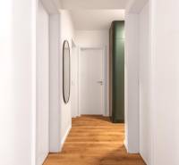 PRENÁJOM 3 izbový byt s predzáhradkou, BORY PROMENÁDA - Úzky interiér s podlahou s dreveným dekorom a jednoduchou bielou stenou v 3-izbovom byte.
