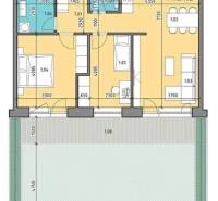 PRENÁJOM 3 izbový byt s predzáhradkou, BORY PROMENÁDA - Pôdorys zobrazuje usporiadanie 3-izbového bytu s kúpeľňou, kuchyňou a terasou.