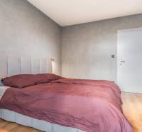 PRENÁJOM 3 izbový byt s predzáhradkou, BORY PROMENÁDA - Spálňa s posteľou v 3-izbovom byte, šedé steny, podlaha s dreveným dekorom.