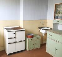 HD reality ponúka, predaj, rodinný dom Rykynčice  - Kuchyňa v rodinnom dome s retro nábytkom a umývadlom.