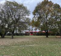 Novinka: Priestranný svetlý byt s balkónmi pri Kuchajde. Vajnorská - Park s lavičkou a stromami v Bratislave - Novom Meste, Vajnorská ulica, pred 3-izbovým bytom.