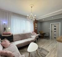 Na predaj: Investičný 3 izb.byt + murovaná PIVNICA - Obývačka v 3-izbovom byte so sedačkou, stolíkom a dizajnovým osvetlením.