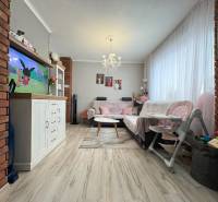 Na predaj: Investičný 3 izb.byt + murovaná PIVNICA - Obývacia izba 3-izbového bytu s tehlovými stenami, nábytkom a detskými hračkami.