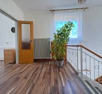 Na predaj: Rodinný dom v meste Levice - Interiér rodinného domu s podlahou s dreveným dekorom, veľkou rastlinou a zábradlím schodiska.