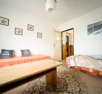 Rodinný dom s veľkým pozemkom v obci Sklené,  - Obývacia izba v rodinnom dome s kobercom a kresbami na stene.