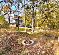 Rekreačná chata Šaštín-Stráže Gazárka komerčné využitie - Chata v lese na ulici Gazárka v Šaštíne-Strážach obklopená jesennými stromami a lístím.