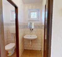 Rekreačná chata Šaštín-Stráže Gazárka komerčné využitie - Kúpeľňa s umývadlom, WC a obkladom v Chate, s malými oknami a jednoduchým dizajnom.