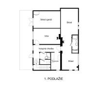 Rekreačná chata Šaštín-Stráže Gazárka komerčné využitie - Pôdorys prvého podlažia chaty s izbou, kuchyňou a skladmi.