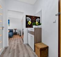 REZERVOVANÉ Predaj moderný 1-izbový byt, 45,24m2, Bratislava IV - Chodba v 1-izbovom byte s podlahou s dreveným dekorom a dekoráciou na stene.