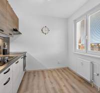 REZERVOVANÉ Predaj moderný 1-izbový byt, 45,24m2, Bratislava IV - Kuchyňa v 1-izbovom byte s podlahou s dreveným dekorom a bielymi stenami.