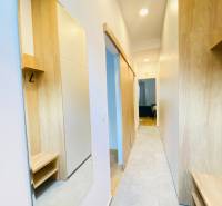 NA PRENÁJOM ŠTÝLOVÝ 2-IZBOVÝ BYT V CENTRE KOŠÍC, DREVNÝ TRH - Chodba s podlahou s dreveným dekorom v 2-izbovom byte, skriňami a zrkadlom.