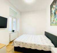 NA PRENÁJOM ŠTÝLOVÝ 2-IZBOVÝ BYT V CENTRE KOŠÍC, DREVNÝ TRH - Spálňa s televízorom, posteľou a abstraktným obrazom v 2-izbovom byte.