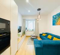 NA PRENÁJOM ŠTÝLOVÝ 2-IZBOVÝ BYT V CENTRE KOŠÍC, DREVNÝ TRH - Obývacia izba s modrým gaučom, farebným obrazom a podlahou s dreveným dekorom v 2-izbovom byte.