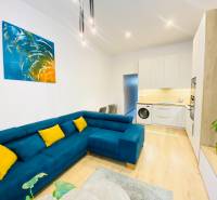 NA PRENÁJOM ŠTÝLOVÝ 2-IZBOVÝ BYT V CENTRE KOŠÍC, DREVNÝ TRH - Obývacia izba 2-izbového bytu s modrou sedačkou a podlahou s dreveným dekorom.