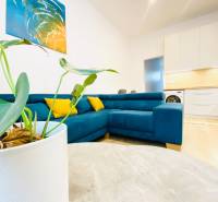 NA PRENÁJOM ŠTÝLOVÝ 2-IZBOVÝ BYT V CENTRE KOŠÍC, DREVNÝ TRH - Obývacia izba v 2-izbovom byte so sedačkou a abstraktným obrazom na stene.