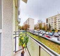 BA/RUŽINOV-Prenájom 1i bytu s balkónom a pivnicou v skvelej lokalite - Balkón s kvetináčom, pohľad na parkovisko a paneláky na Exnárovej v Bratislave, Ružinove.