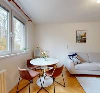 BA/RUŽINOV-Prenájom 1i bytu s balkónom a pivnicou v skvelej lokalite - Obývacia izba v 1-izbovom byte s oknom, podlahou s dreveným dekorom a útulným zariadením.